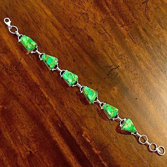 Mohave Lime Green Copper Infused Turquoise and Sterling Silver 925 Bracelet - Picture 8 of 16